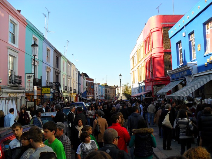Colorful buildings line Portobello Road.